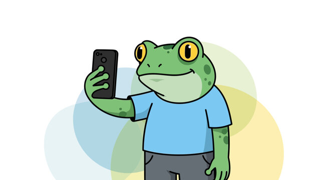Cartoon Frog Character Taking a Selfie with Smartphone.