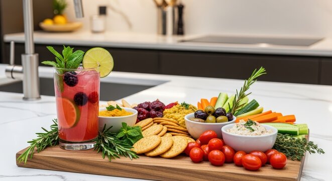 Vibrant kitchen countertop with a colorful drink and assorted snacks on a wooden board, surrounded.