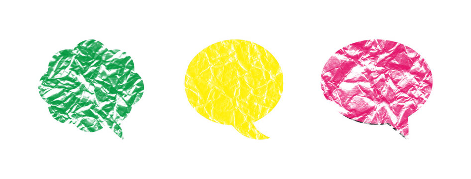 Colorful crumpled speech bubbles isolated on white background for chat and dialogue
