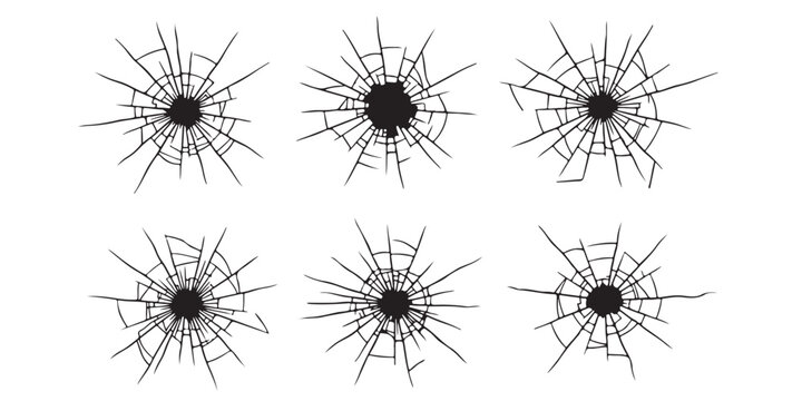 Set of black broken glass cracks and bullet hole shapes on a flat design Vector, illustration