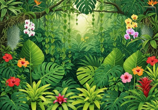 Vibrant tropical jungle scene with lush greenery, colorful flowers, and exotic plants in a serene.