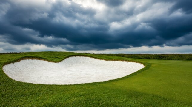 Striking golf course bunker, white sand contrasting lush green grass under a dramatic, dark storm cloud canopy. Pre-storm serenity. , golf, landscape