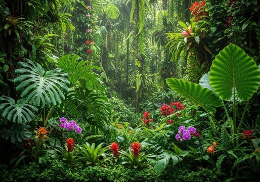 Vibrant tropical rainforest scene with lush green foliage and colorful exotic flowers in bloom.