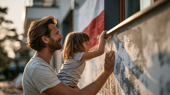 Patriotic Father and Daughter Hanging Polish Flag on Sunny Day