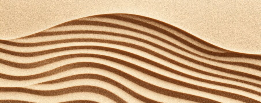 Top-down abstract image Flowing beige sand ripples cast crisp brown shadows, creating a tranquil zen wave pattern. Natural texture for relaxation. minimalism, serenity