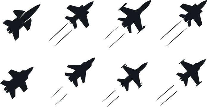 Fighter jet airplane icon collection vector illustration, military aircraft silhouette set, aviation aviation isolated background