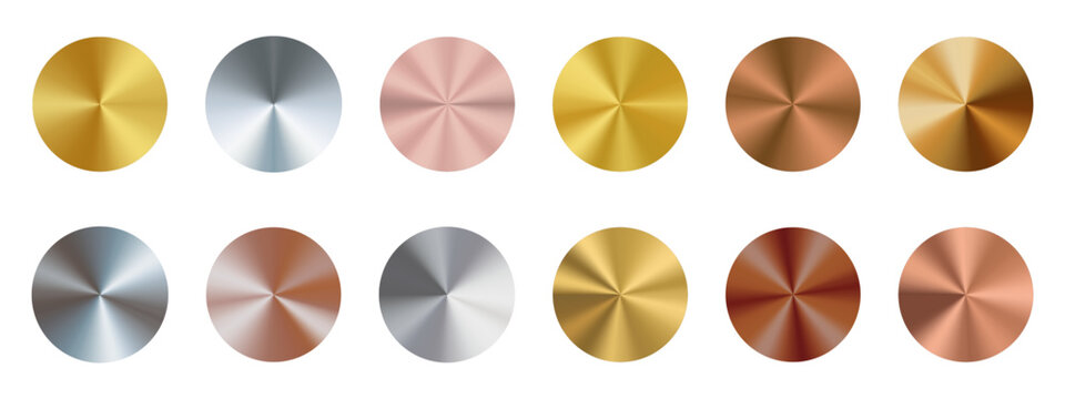 Metallic gradient set featuring gold, silver, bronze and platinum finishes. Luxurious chrome textures with radial light effects for premium branding materials.