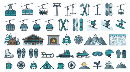 Winter ski resort icons set, flat vector mountain sports symbols, gondola and snowboarding equipment collection for alpine travel maps © zee