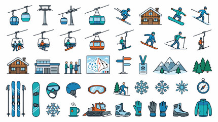 Ski Resort Icon Set with 40 Winter Sports Elements, Flat Line Vector Illustrations of Gondolas and Skiers, Mountain Vacation Equipment Icons © zee