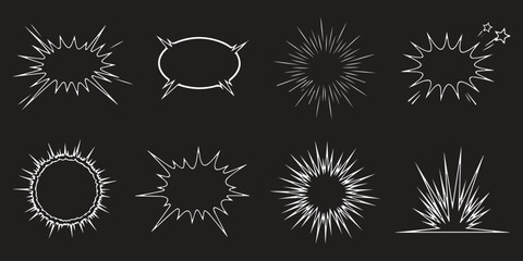 Set of hand drawn comic book speech bubbles and explosion shapes in white lines on dark background Vector, illustration © md