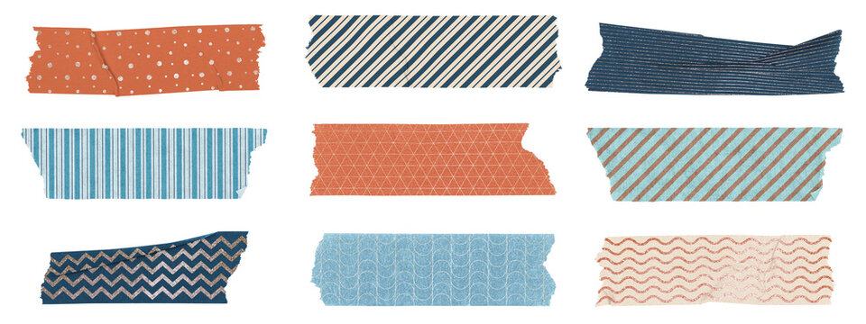 Set of decorative tapes with patterns: stripes, dots, zigzags. Various colors like blue, orange, and teal. Ideal for crafts, scrapbooking, and decoration. Illustration set isolated on white.