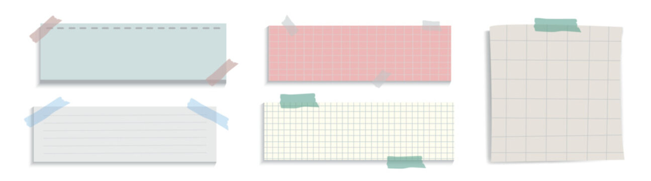 Vector of various grid and lined paper notes taped with colorful tape.