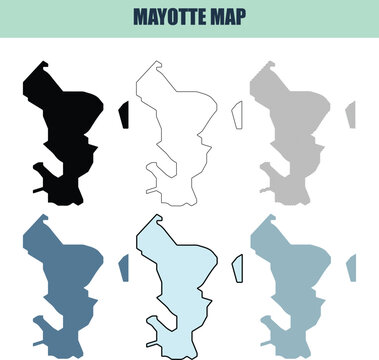 Mayotte island maps presented in six different style fill stock line and lined variations with clear outlines