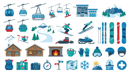 Ski resort winter sports icons set, mountain vacation vector elements, gondola lift and snowboarding equipment collection for travel maps © zee