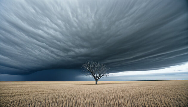 A lone, withered tree; a great storm is coming