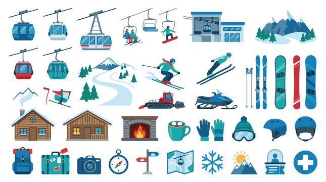 Ski resort winter sports icons set, mountain vacation vector elements, gondola lift and snowboarding equipment collection for travel maps