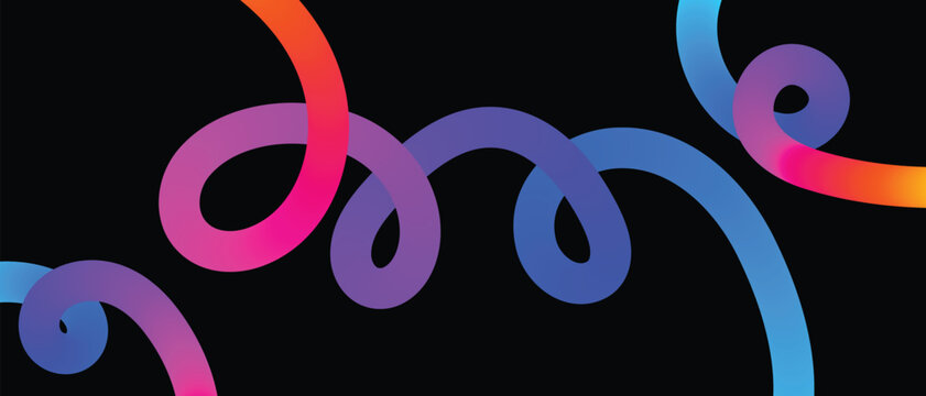 Elegant violet and blue gradient spiral loops across black surface artistic vector motion background.