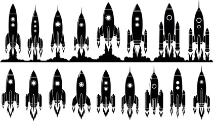 Retro Rocket Launch Silhouette Icon Set with Flying Spaceships Boosters Fire Flame Smoke Clouds and Corporate Tech Startup Innovation Concept Media Graphics © MdTobarak