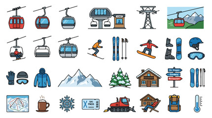 Ski resort icon set, winter mountain sports vector elements, cable car and gondola lift symbols, 28 flat line illustrations for alpine tourism © zee