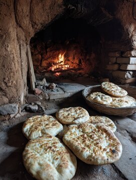 Traditional Georgian Shotis Puri Baking in a Tone Oven with Rustic Clay Walls