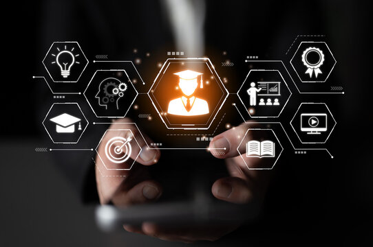 Hands holding smartphone displaying educational icons and symbols representing online learning, graduation, knowledge sharing, and digital transformation in education. Bitwise.