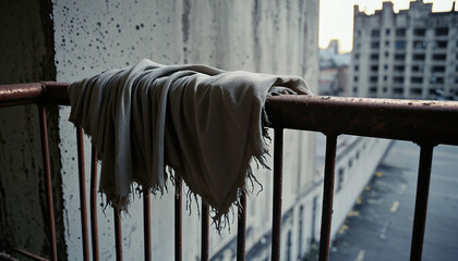 a torn piece of cloth on the balcony railing, a banner