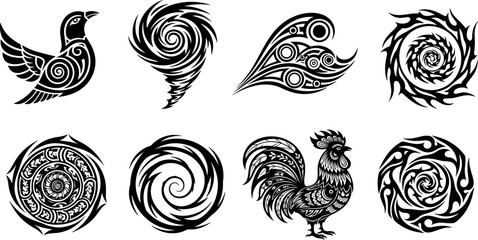Tribal Tattoo Silhouette Vector Set with Flying Bird Symbols Rooster Mascots Abstract Vortex Swirls and Ethnic Sun Flame Spirals for Creative Graphic Designs © MdTobarak