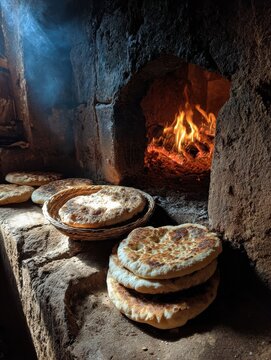 Traditional Georgian Shotis Puri Baking in a Tone Oven with Rustic Clay Walls