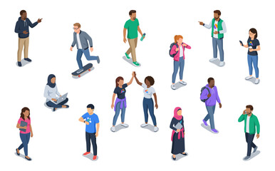 Fototapeta premium Isometric tech workers and startup professionals | Vector character set of diverse business people walking and talking | 3d illustration design element