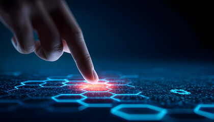 Fototapeta premium Finger touching glowing red hexagon on futuristic blue circuit board background