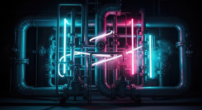 Glowing cyan and magenta neon light tubes wrap around complex metal pipes and steam valves inside a dark, atmospheric industrial warehouse, tubing, electrical, machinery