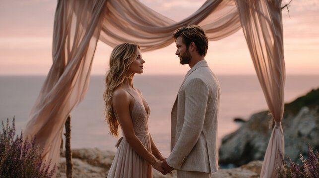 Romantic couple holding hands and looking at each other under an archway, exchanging vows during an intimate micro wedding elopement ceremony at sunset overlooking the sea