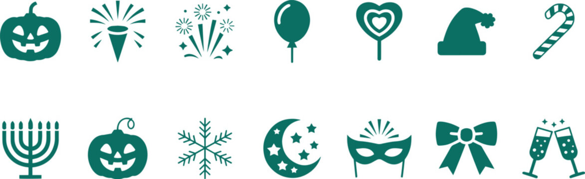 Set of holiday icons including pumpkin, fireworks, balloon, heart lollipop, Santa hat, candy cane, menorah, snowflake, moon, mask, bow, and champagne glasses