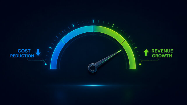 Speedometer gauge representing revenue growth and cost reduction over a dark neon background.