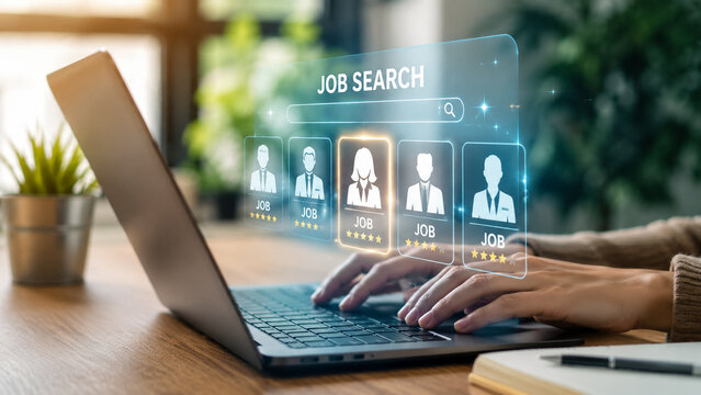 Person using a laptop to browse through candidate profiles on a digital job search interface.