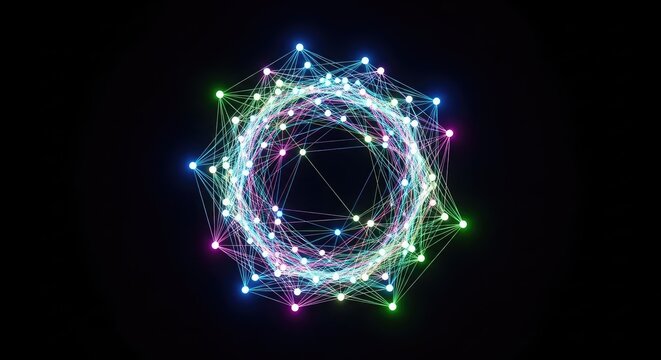 Intricate three-dimensional network of glowing neon nodes and vibrant fiber optic lines floating within a dark digital void of pure light, geometric, science, technology