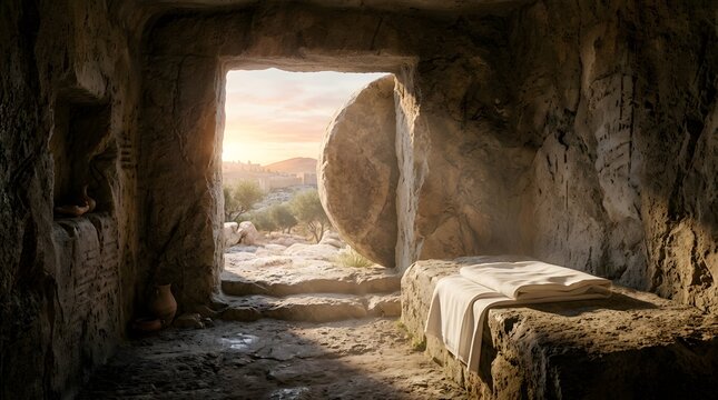 Empty tomb of Jesus with white burial cloth and stone rolled away at sunrise. Divine light beams inside the stone cave, symbolizing resurrection, hope, and Easter morning salvation miracle.