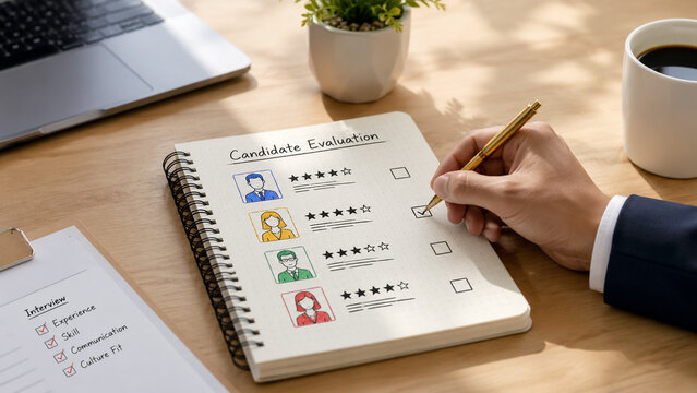 Businessperson filling out a candidate evaluation form with star ratings in a notebook.