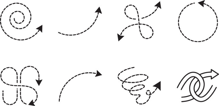 Dashed line arrow set black minimal vector dashed arrows collection with labyrinth maze and spiral paths
