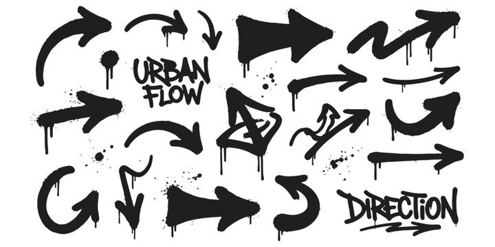 Set of black graffiti arrows and urban style symbols with spray paint drips Vector, illustration