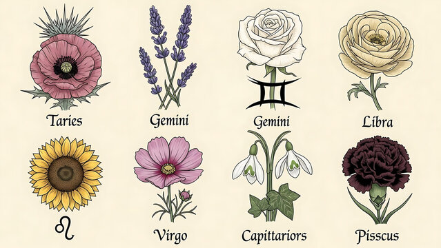 Zodiac flowers with symbols drawn isolated on a transparent background