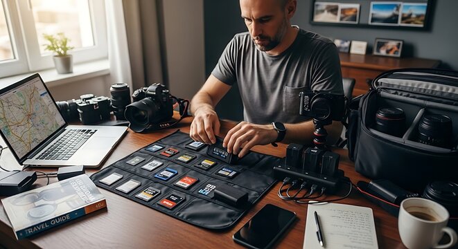 A photographer meticulously organizes memory cards on a desk surrounded by professional camera equipment and a laptop displaying a map.