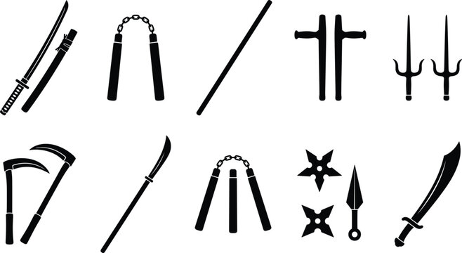 A collection of various medieval and fantasy weapons on display against a plain background including swords and nunchucks.