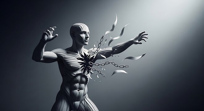 A stylized human figure breaks free from chains, symbolizing liberation, emotional release, and overcoming struggle. Dramatic lighting emphasizes the powerful moment of transformation.