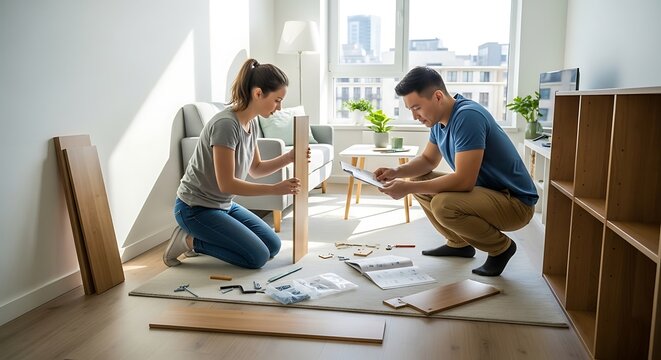 A young couple works together assembling flat-pack furniture in their sunlit living room, surrounded by tools and instructions, embodying teamwork and domesticity.