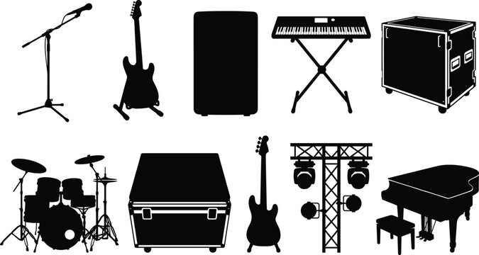 Dynamic vector silhouettes essential musical instruments and stage equipment like guitar, piano, drums, for live events, music production, and creative graphic design