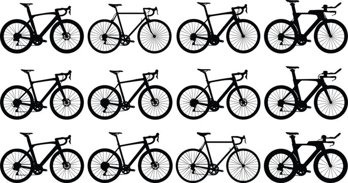 A comprehensive collection of diverse bicycle silhouettes, showcasing various cycling styles and distinct two-wheeled vehicle designs for athletic and recreational pursuits