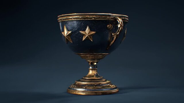 Luxurious antique gold and navy blue chalice with stars, an ornate award trophy representing victory, success, and achievement.