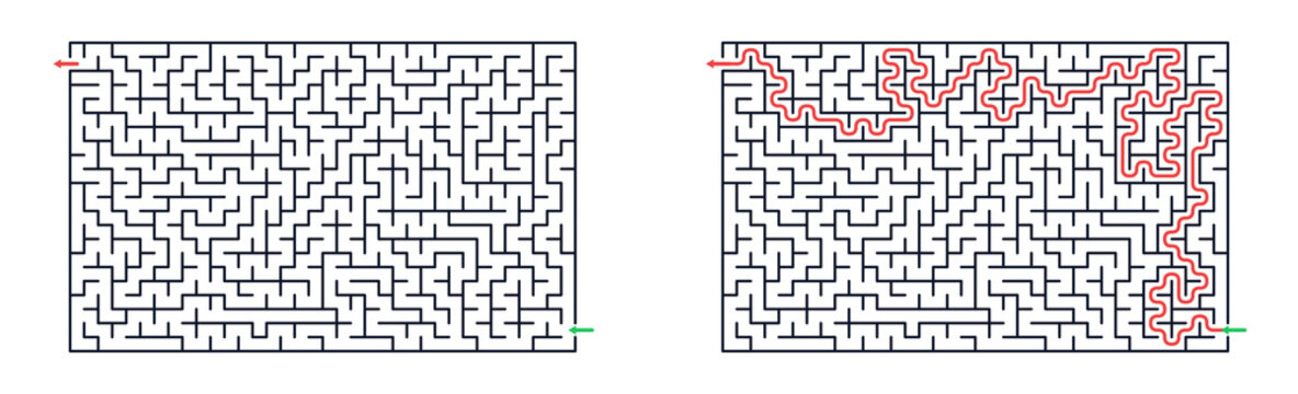 Rectangular, 36x22, maze game set in minimalist vector style with black white and red colors for logic training
