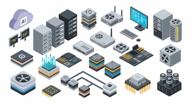 Isometric illustration of various computer server hardware components.